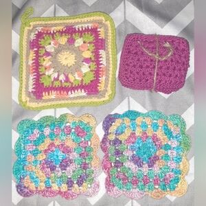 Colorful Hand Made Crochet Hot Pot Holders And Coasters Set
